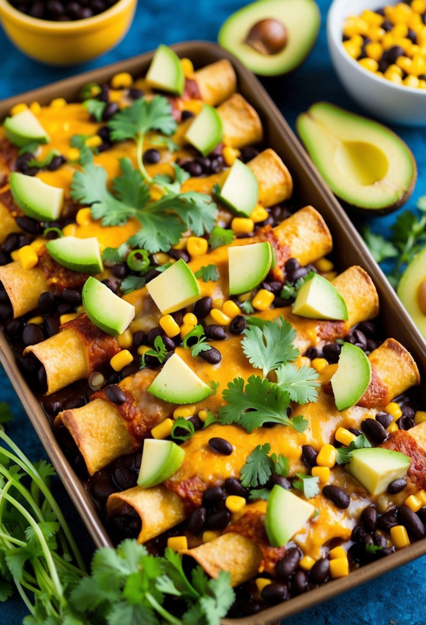 A colorful array of black bean and corn enchiladas, topped with melted cheese and surrounded by fresh cilantro and sliced avocado