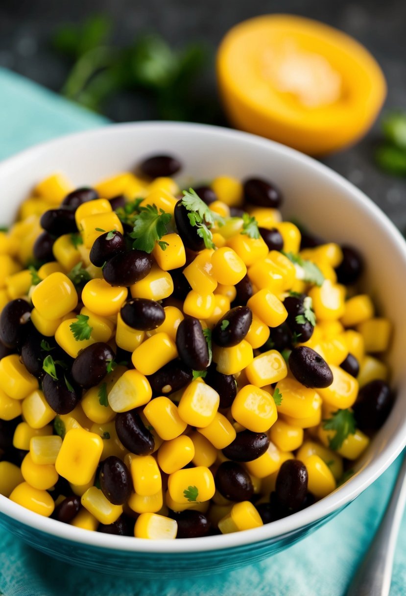 A colorful bowl of corn and black bean salsa, with vibrant yellow corn kernels and dark black beans mixed together