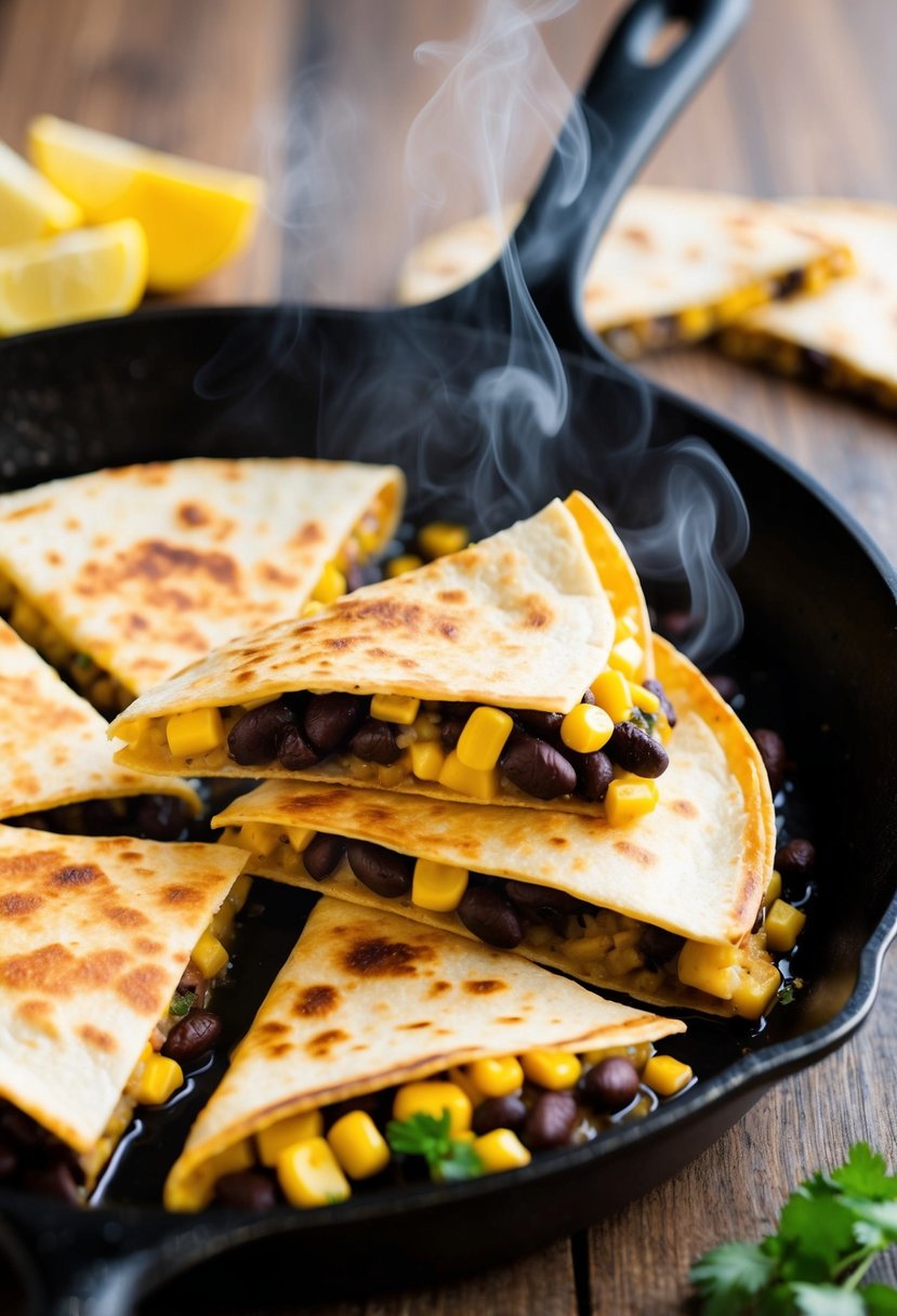 A sizzling skillet with golden brown quesadillas filled with hearty black beans and corn, steam rising from the hot filling