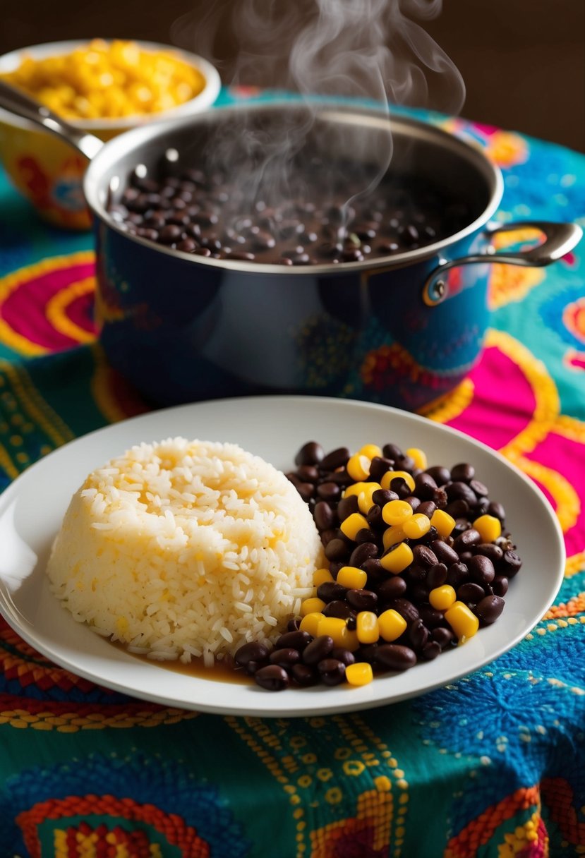 A steaming pot of black beans and corn simmering next to a fluffy mound of rice on a colorful tablecloth