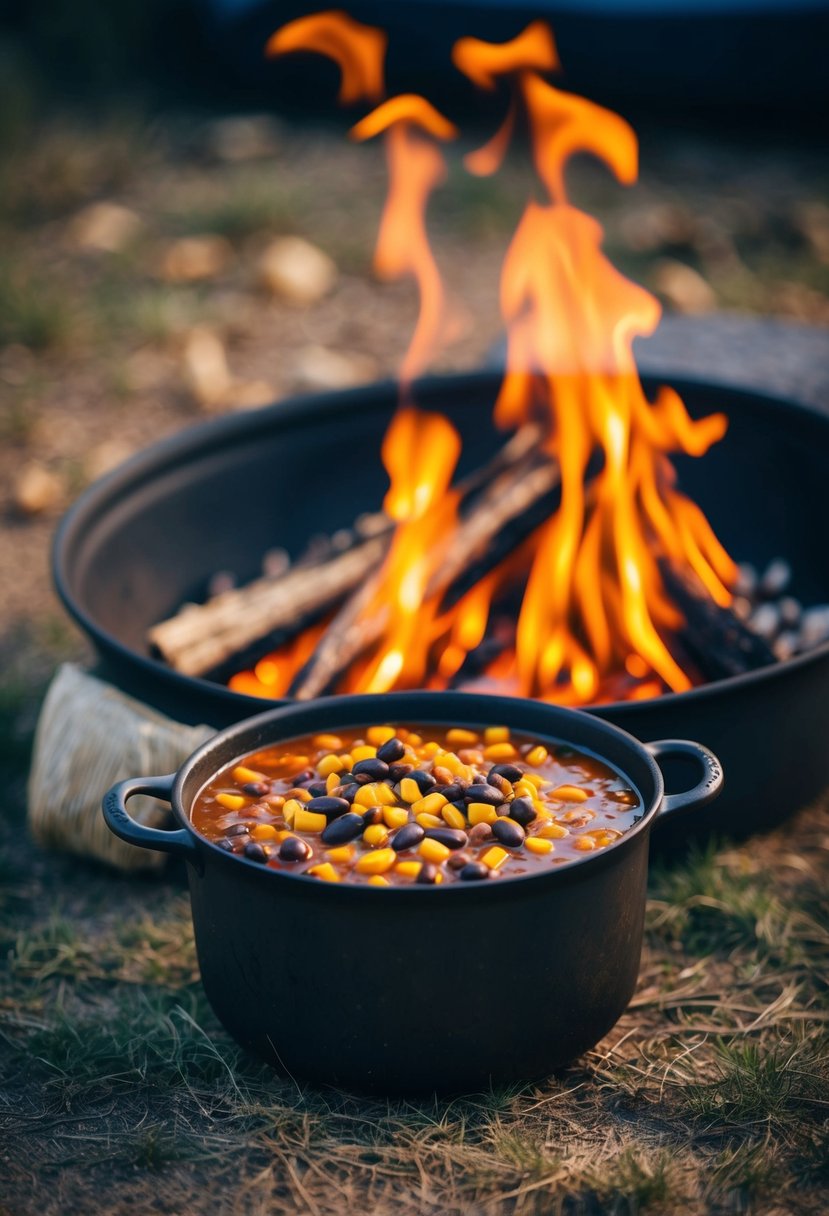 A rustic cowboy campfire with a bubbling pot of black bean and corn chili