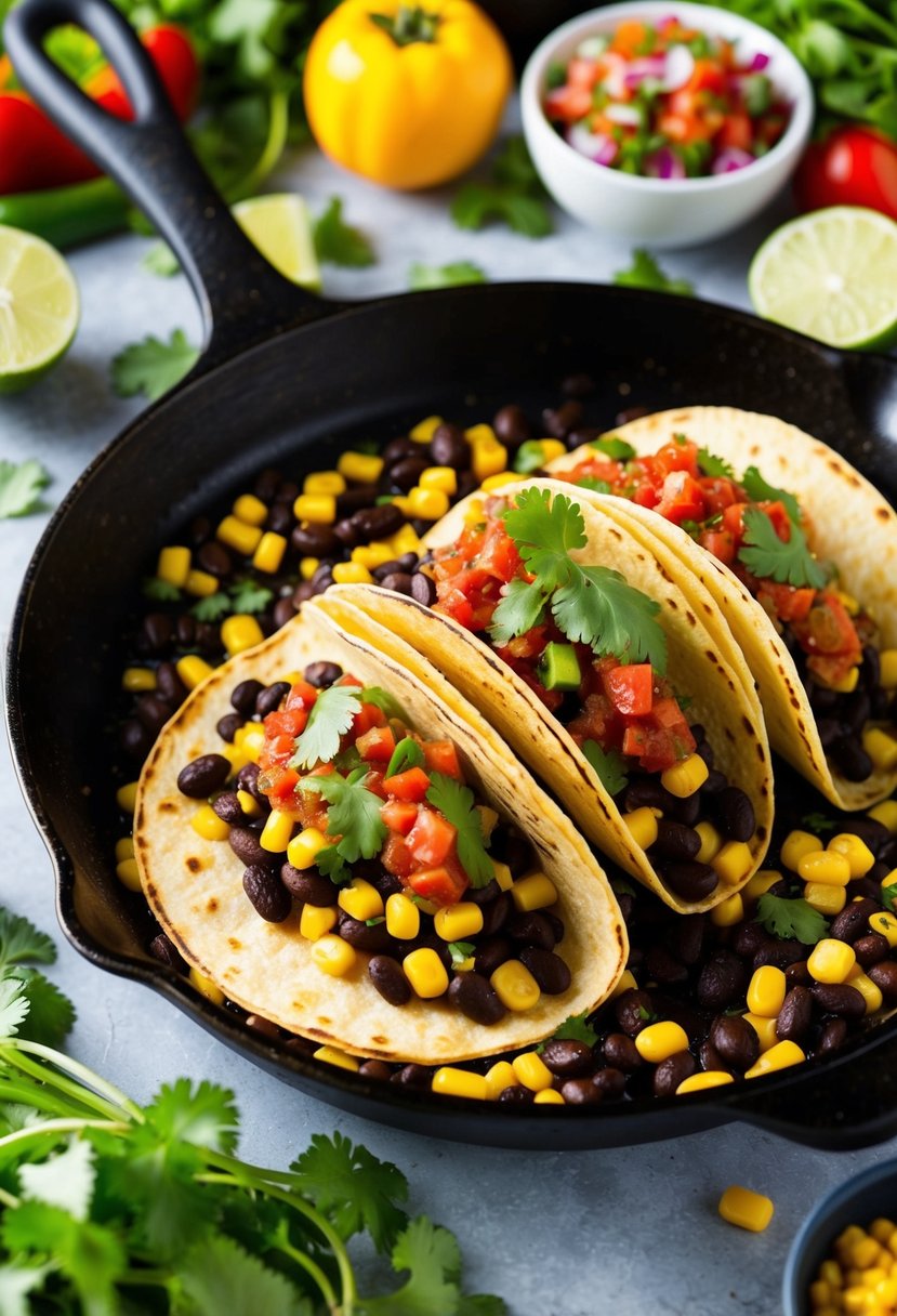 A sizzling skillet of black bean and corn tacos, topped with spicy salsa and fresh cilantro, surrounded by colorful ingredients