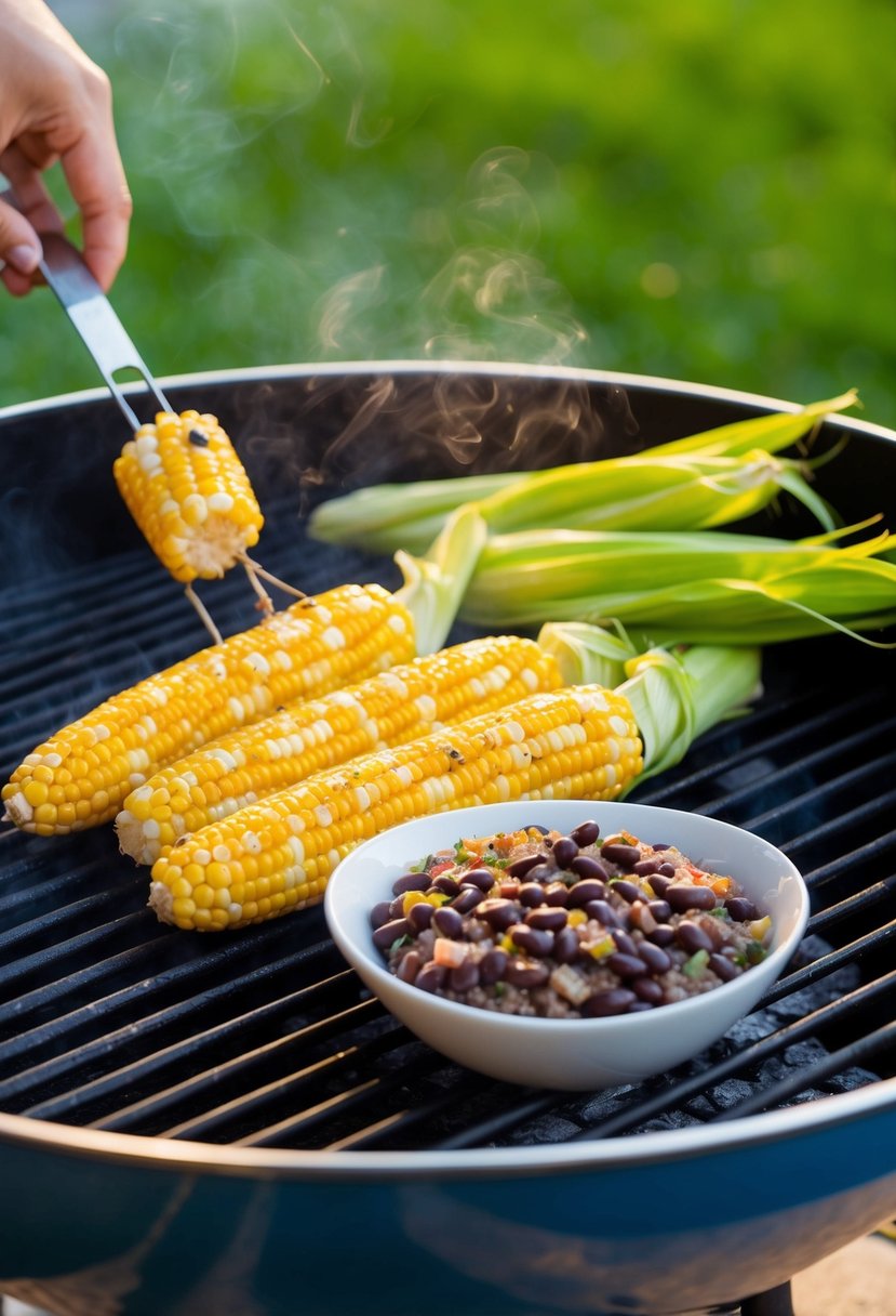 A sizzling grill cooking fresh corn cobs and a bowl of black bean relish with colorful ingredients