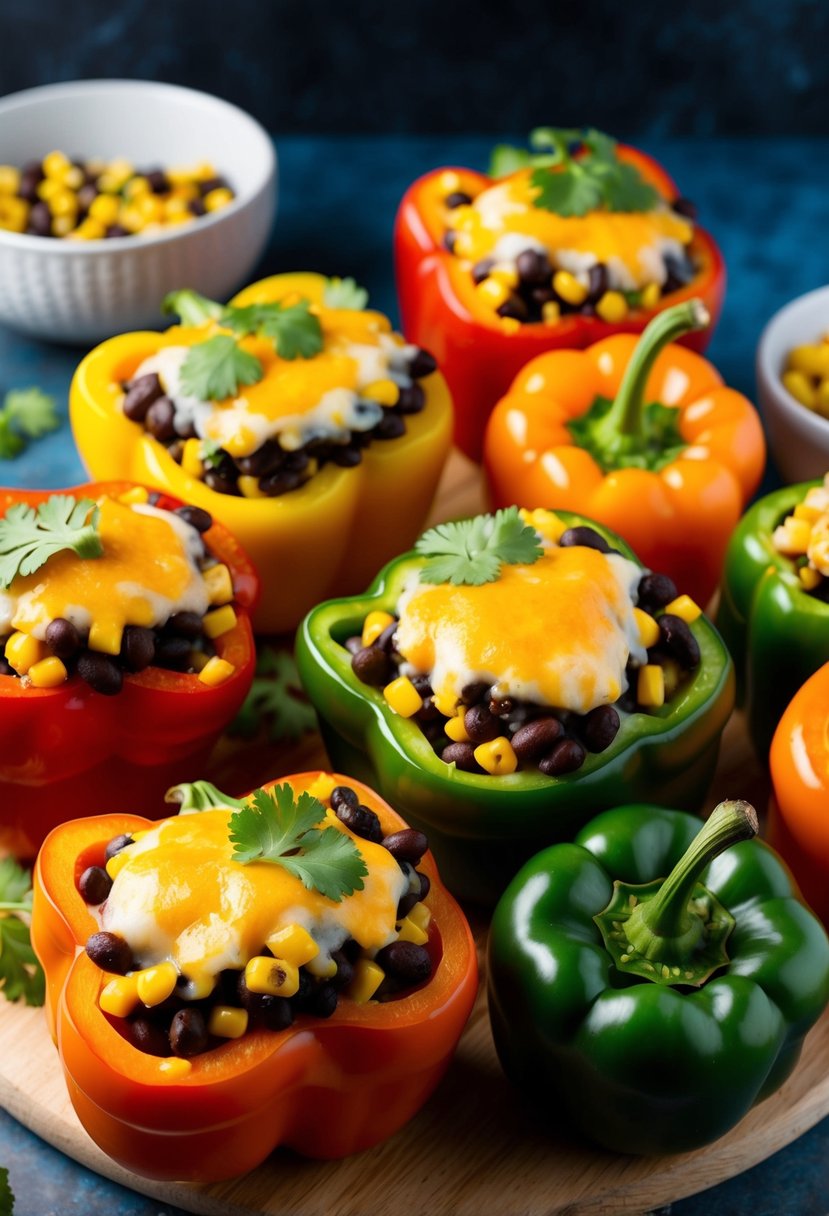 A colorful array of bell peppers stuffed with a savory mixture of black beans and corn, topped with melted cheese and fresh cilantro