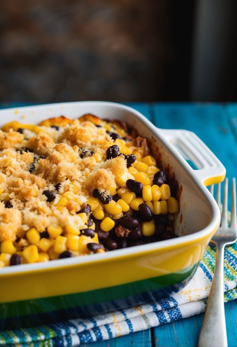 A colorful casserole dish filled with layers of golden corn and black beans, topped with melted cheese and crispy breadcrumbs