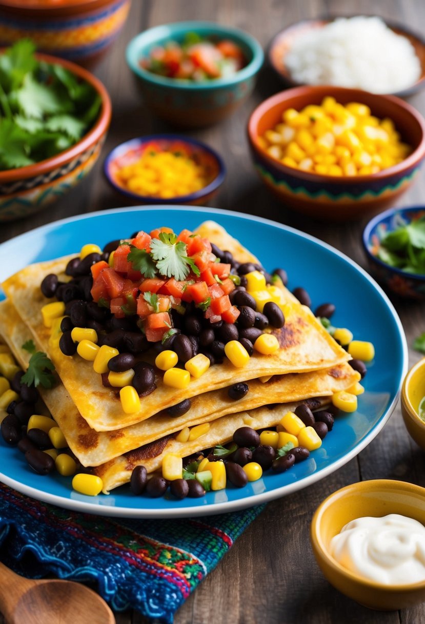 A colorful plate of chilaquiles topped with black beans, corn, and vibrant salsa, surrounded by traditional Mexican pottery and ingredients