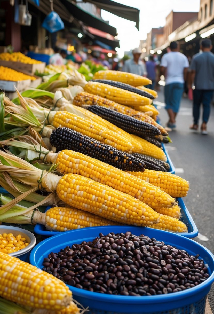 A vibrant street market with a variety of colorful corn cobs and black beans on display. The aroma of charred corn fills the air