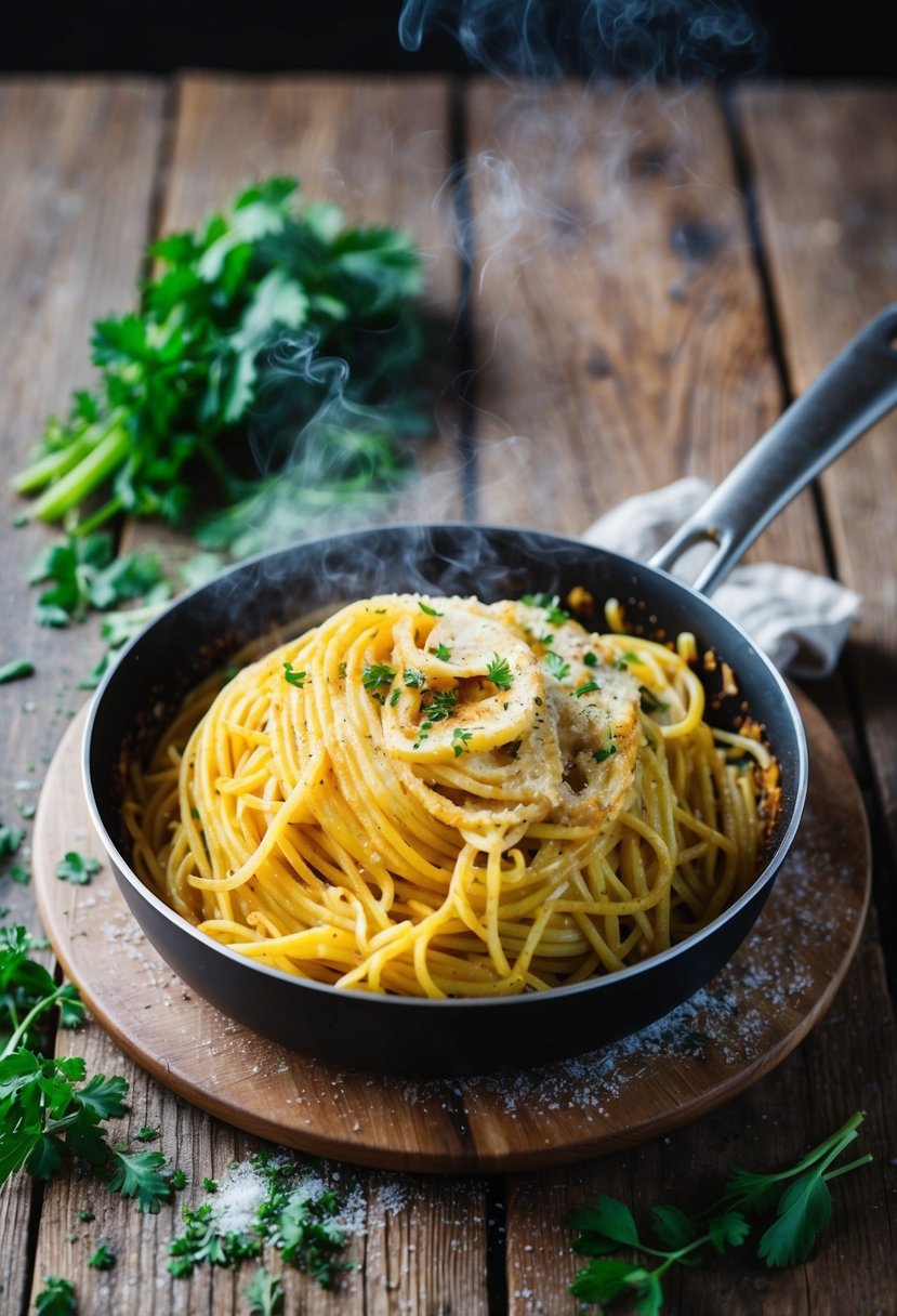 A steaming pan of baked spaghetti sits on a rustic wooden table, surrounded by scattered fresh herbs and a sprinkle of grated cheese