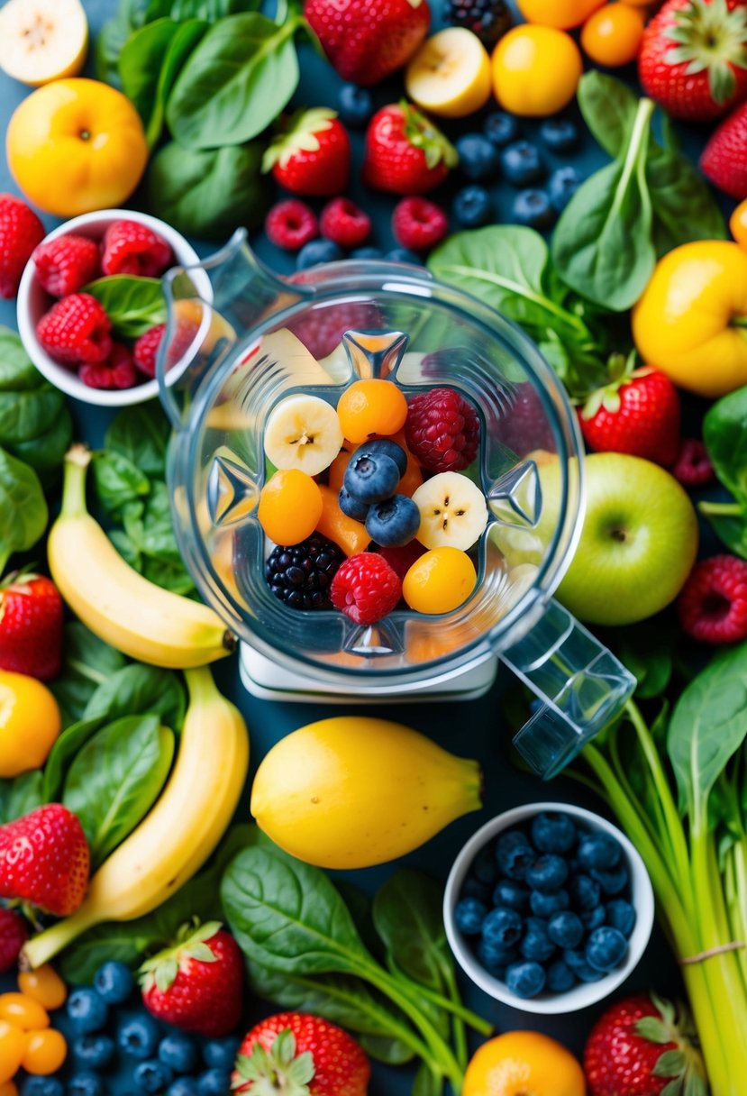 A colorful array of fruits and vegetables arranged around a blender, with ingredients like spinach, berries, and bananas ready to be mixed into a healthy smoothie