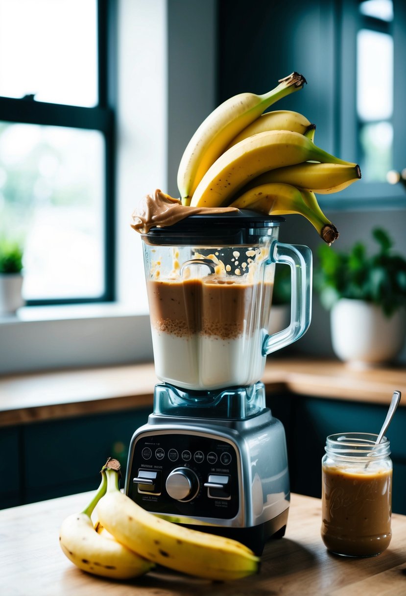 A blender filled with ripe bananas, a jar of peanut butter, and a splash of milk