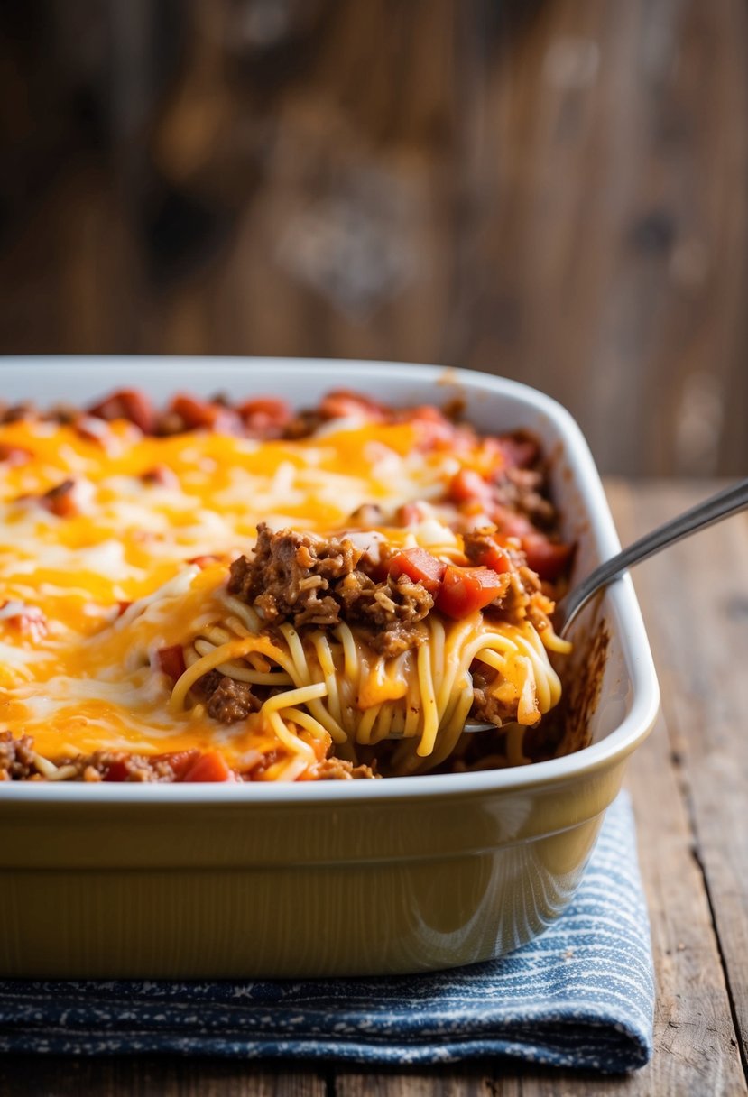 A bubbling casserole dish of baked spaghetti, layered with classic ground beef, cheese, and tomato sauce, fresh from the oven