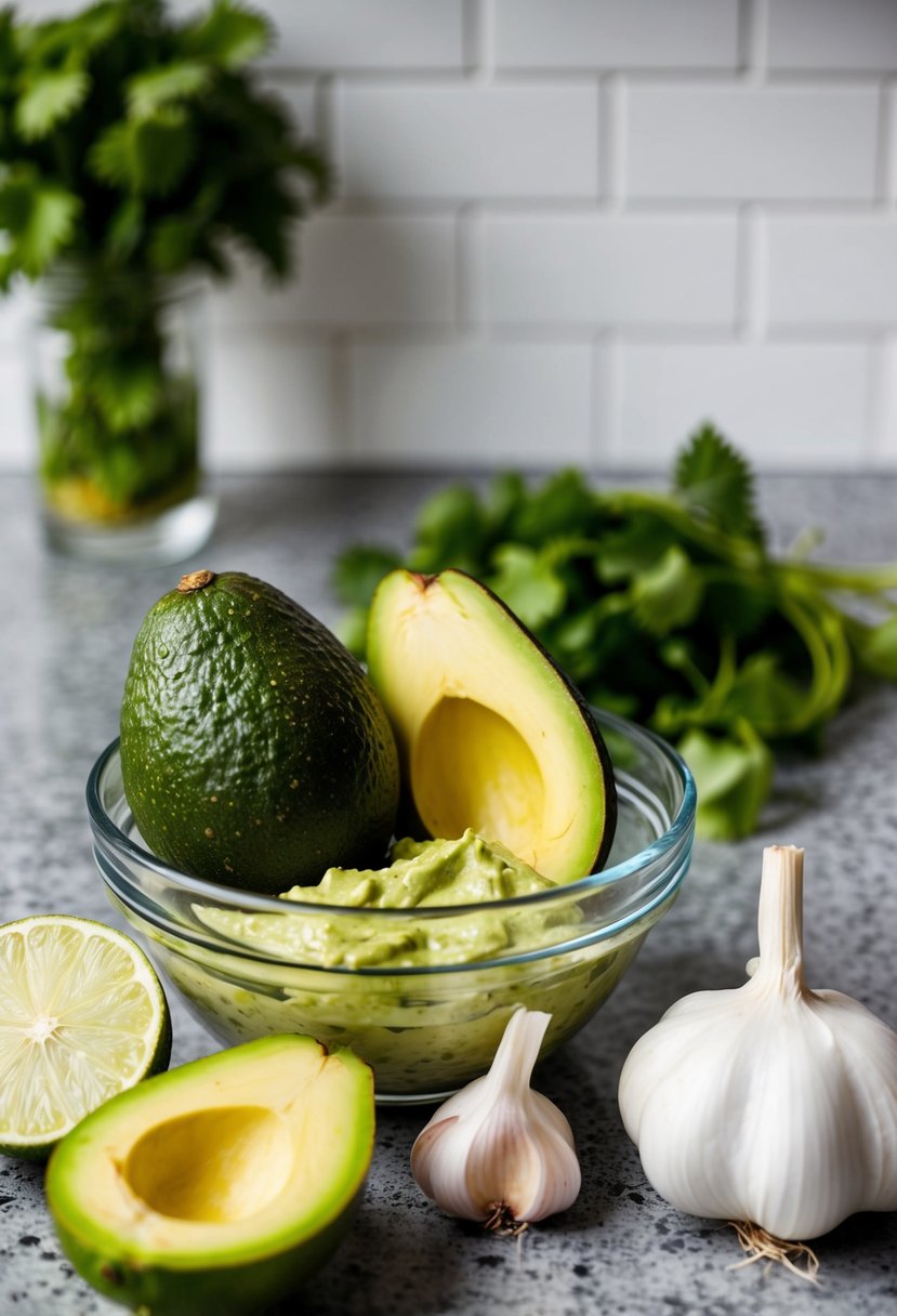 A ripe avocado, lime, cilantro, and garlic sit on a countertop next to a blender filled with creamy guacamole