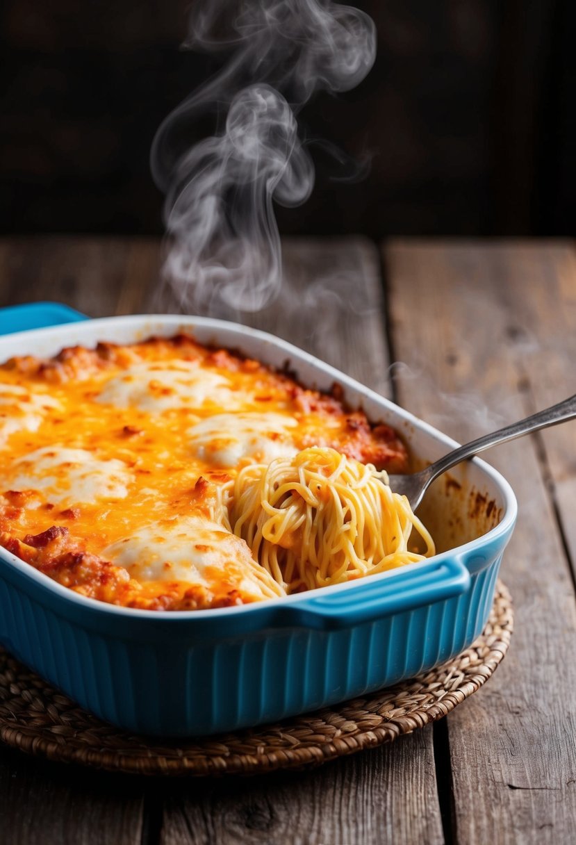 A bubbling casserole dish of three-cheese baked spaghetti sits on a rustic wooden table, steam rising from the golden-brown surface