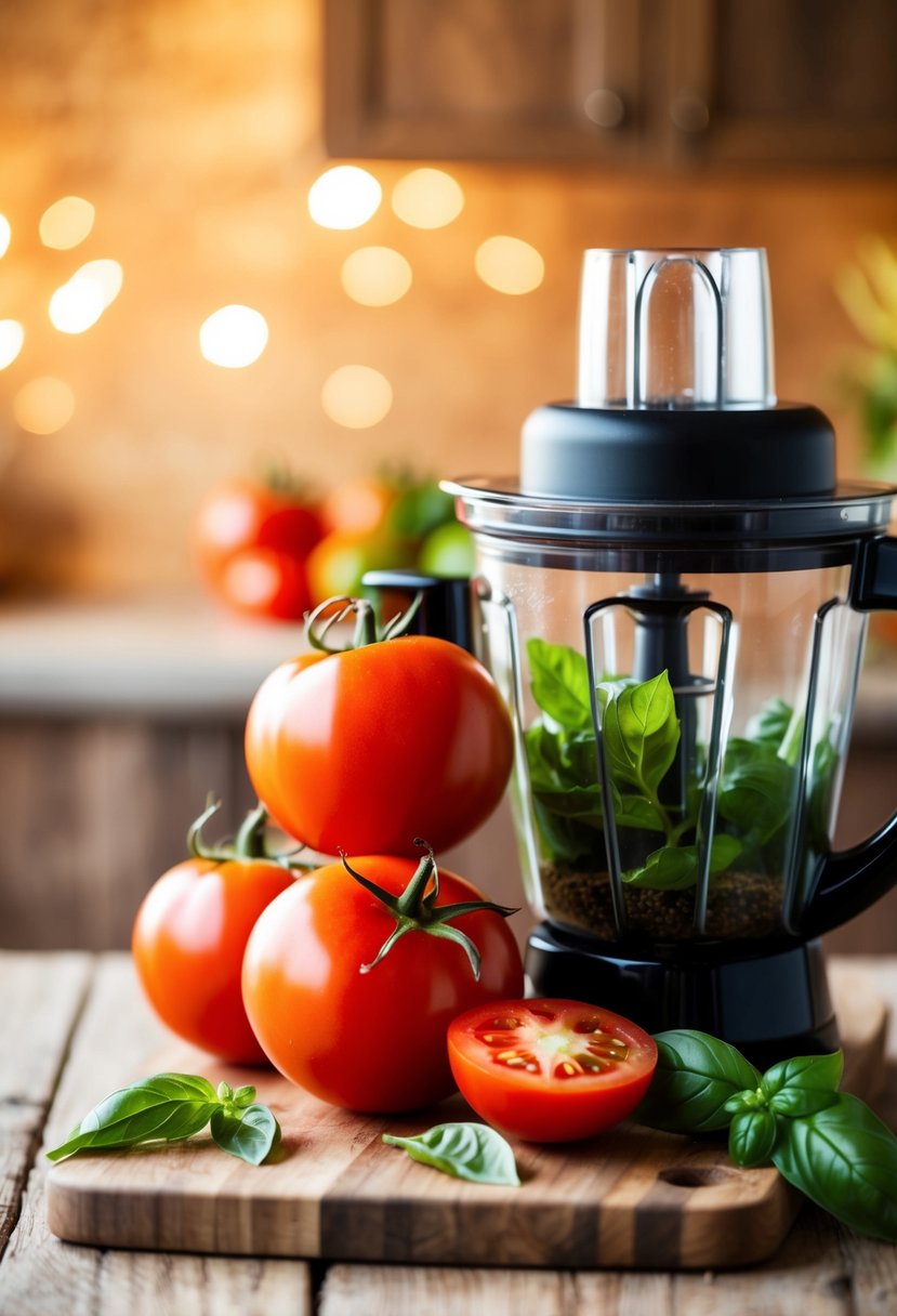 Fresh tomatoes, basil leaves, and a blender on a wooden cutting board