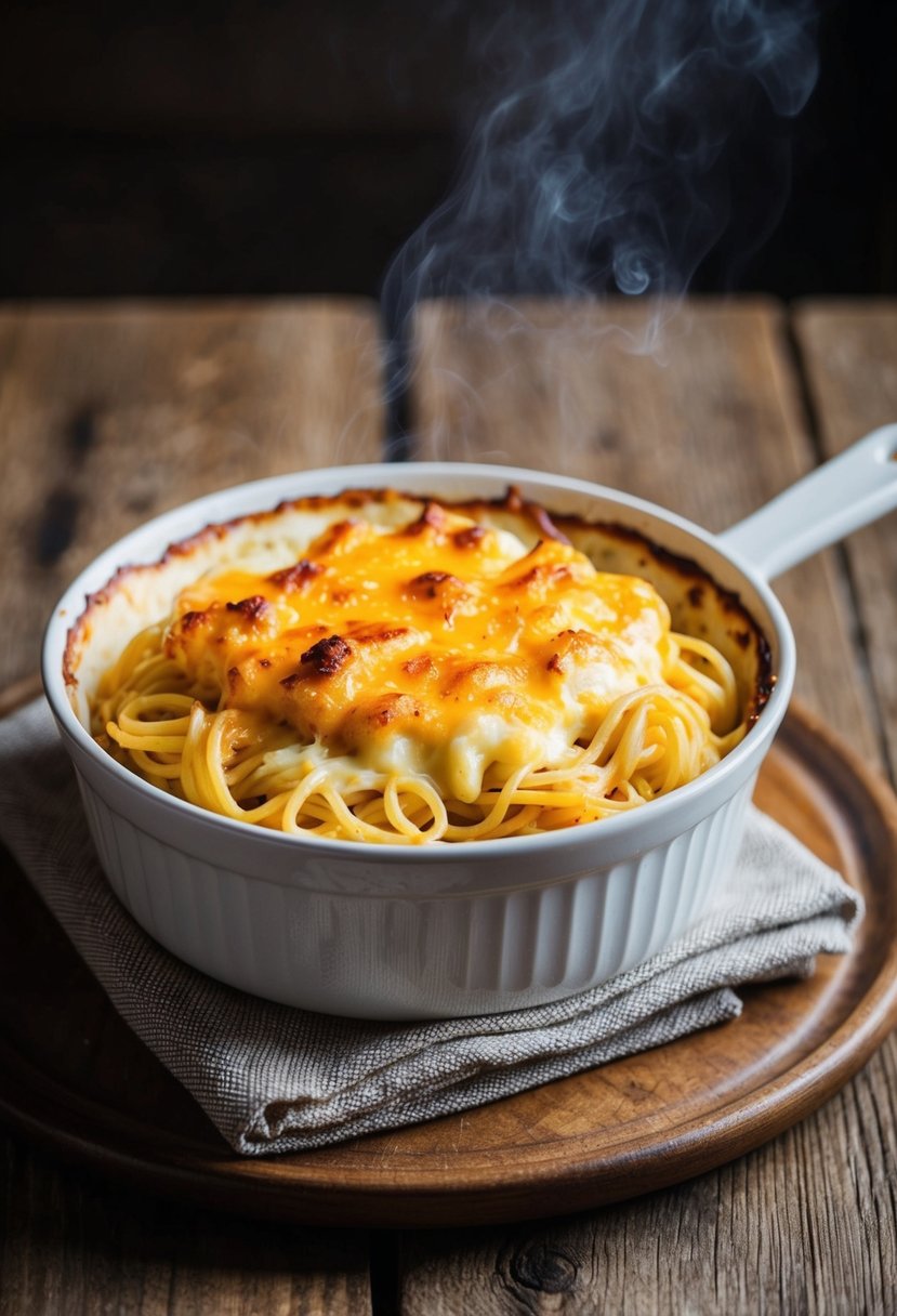 A steaming dish of baked spaghetti with creamy cheese filling, topped with golden brown cheese, sits on a rustic wooden table