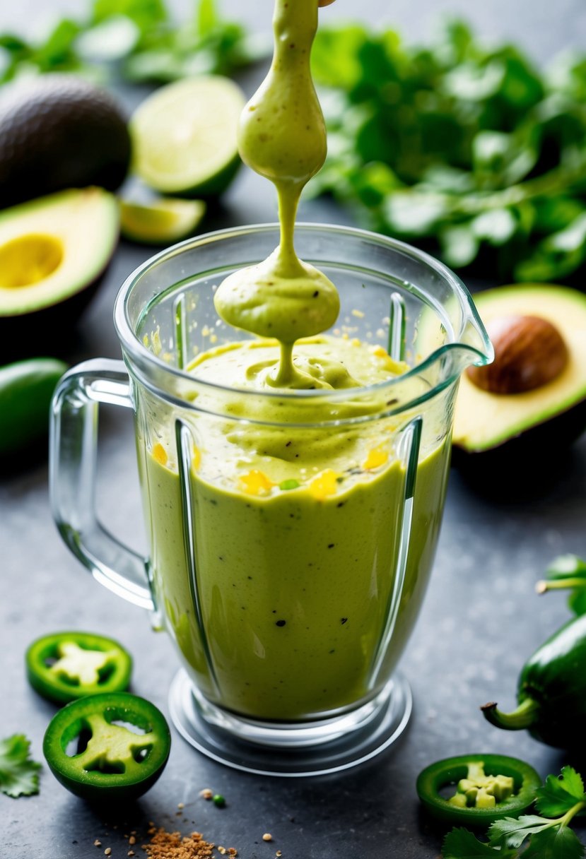 A ripe avocado, jalapeño, lime, and spices blend in a clear blender, creating a creamy and vibrant green spicy avocado dressing