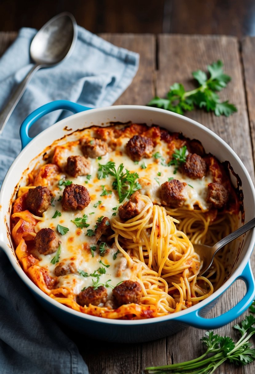 A bubbling casserole dish of baked spaghetti with Italian sausage, topped with melted cheese and fresh herbs, sitting on a rustic wooden table