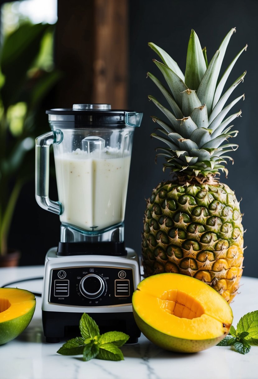 A ripe mango and a pineapple sit next to a blender, surrounded by fresh mint leaves and a splash of coconut milk