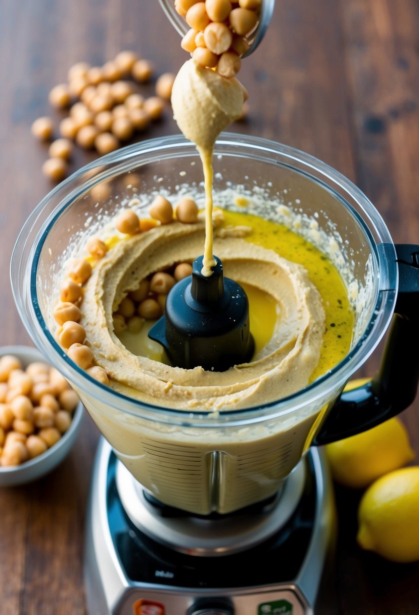 A blender whirling chickpeas, tahini, olive oil, garlic, and lemon juice into creamy hummus