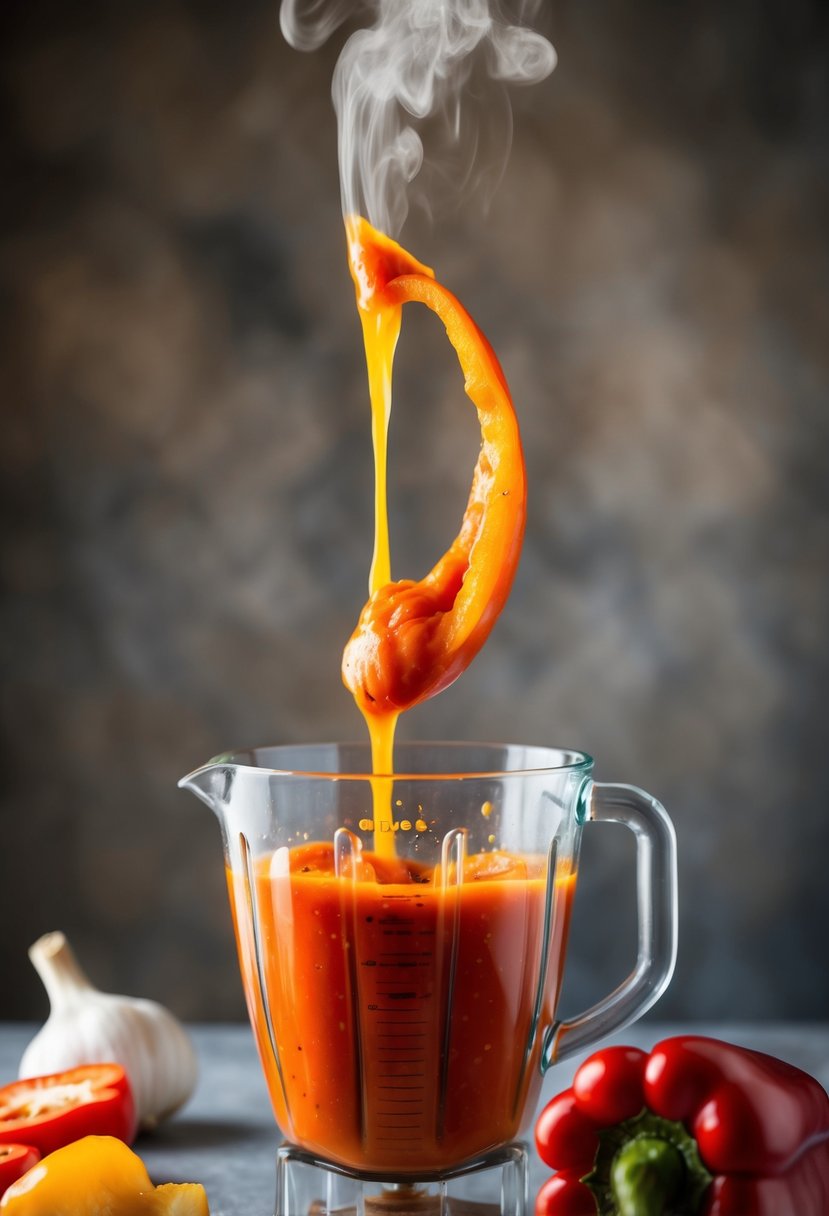 Red peppers, garlic, and olive oil swirl in a blender, creating a vibrant red sauce. A plume of steam rises as the ingredients blend together