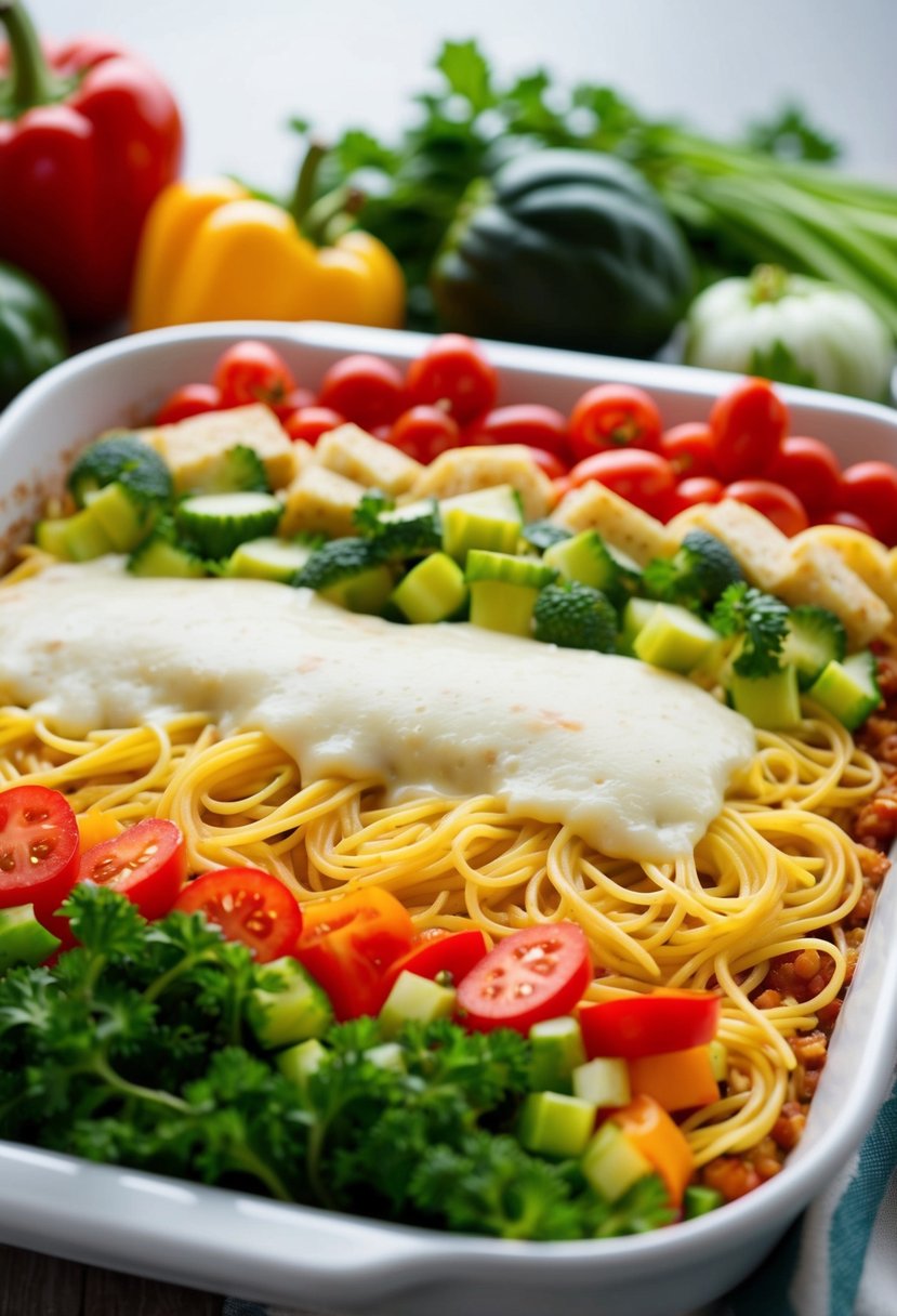 A colorful array of fresh vegetables, spaghetti noodles, and melted cheese layered in a baking dish, ready to be placed in the oven