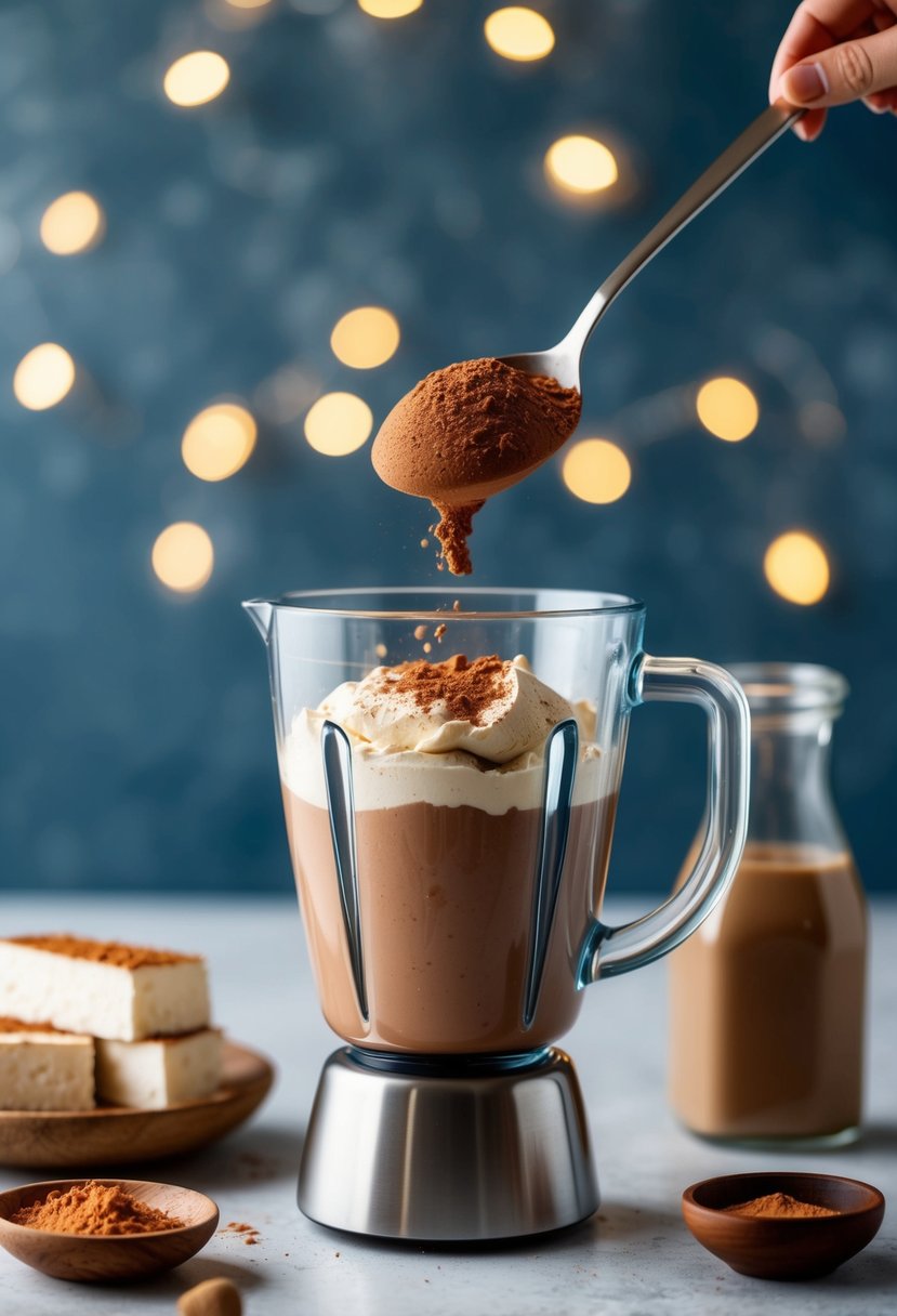 A blender whirs as cocoa powder, silken tofu, and maple syrup are blended into a creamy vegan chocolate mousse