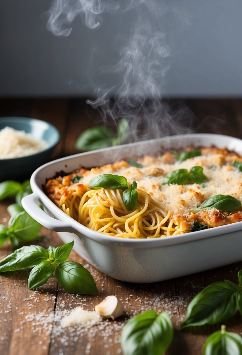 A steaming dish of spaghetti bake with garlic and basil, fresh from the oven, surrounded by scattered basil leaves and a sprinkle of grated parmesan cheese