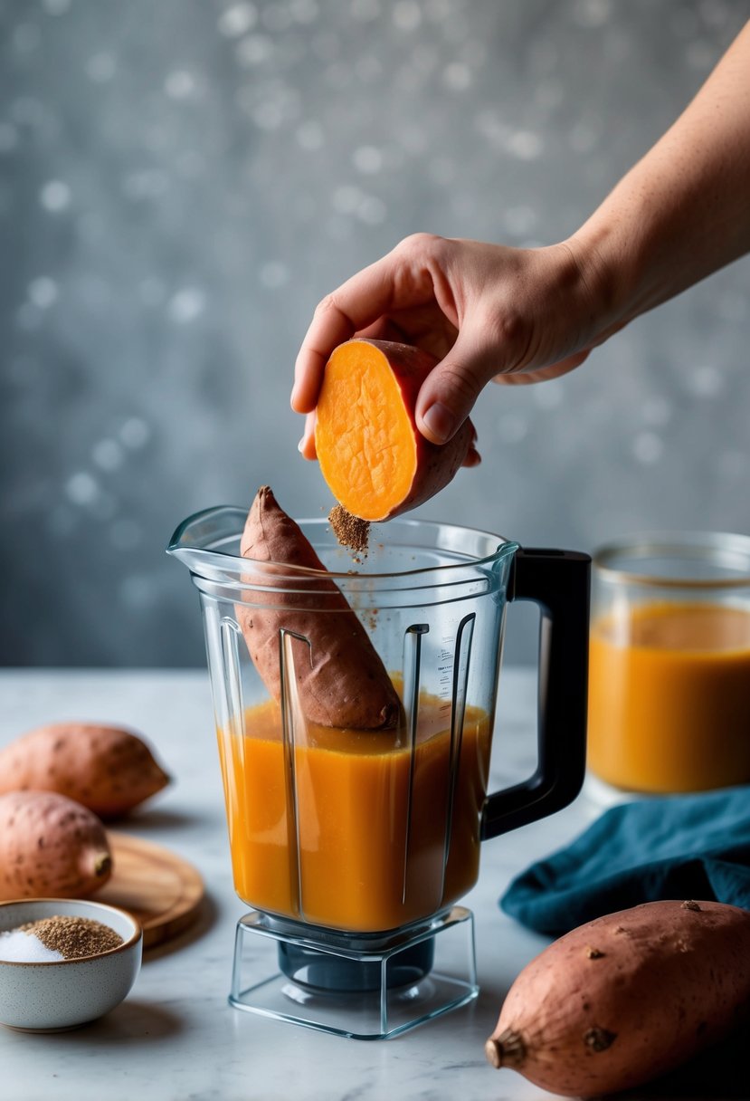 A hand placing sweet potatoes, broth, and spices into a blender to create sweet potato soup