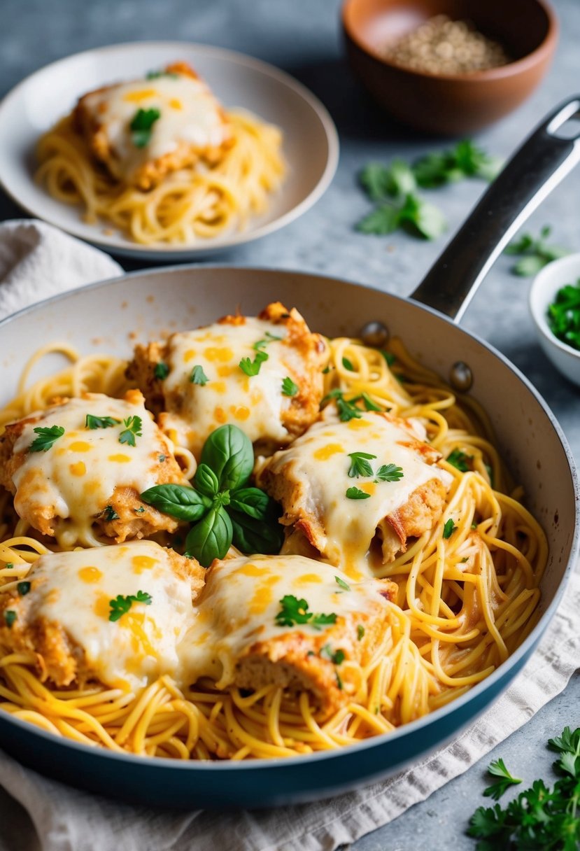 A steaming pan of creamy chicken baked spaghetti, topped with golden melted cheese and fresh herbs