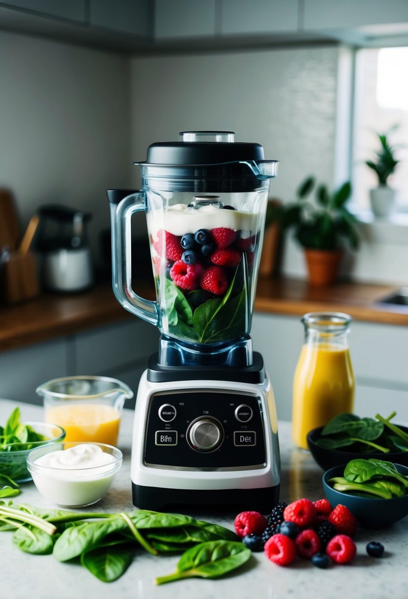 A blender filled with fresh berries, spinach, and yogurt. Ingredients arranged neatly on the counter