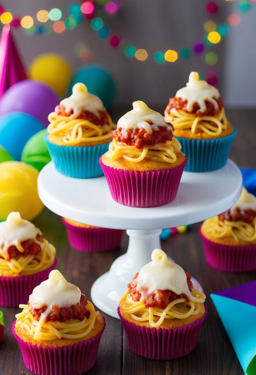 A table set with cupcakes made of baked spaghetti, topped with marinara sauce and melted cheese, surrounded by colorful party decorations