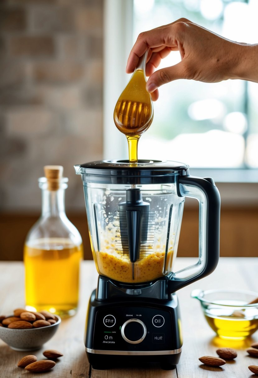 A blender whirs as almonds, honey, and oil blend into a smooth, creamy spread