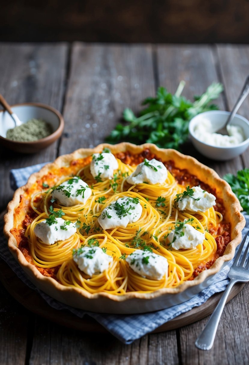 A golden-brown spaghetti pie sits on a rustic wooden table, topped with dollops of creamy ricotta and sprinkled with fresh herbs