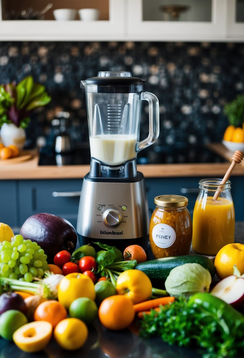 A variety of fresh fruits and vegetables are scattered around a sleek blender on a kitchen counter. A jug of almond milk and a jar of honey sit nearby