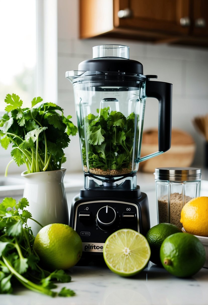 Fresh cilantro, limes, and other ingredients arranged around a blender on a kitchen counter