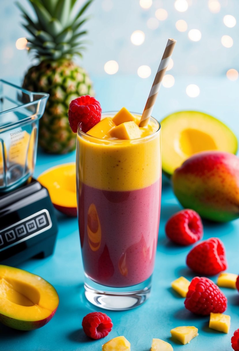 A glass filled with a vibrant mango raspberry smoothie, surrounded by fresh fruit and a blender