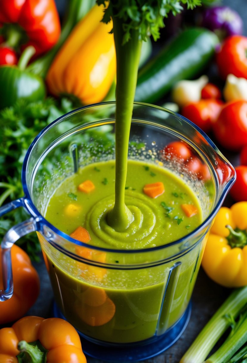 A colorful array of fresh garden vegetables being blended into a smooth, vibrant soup