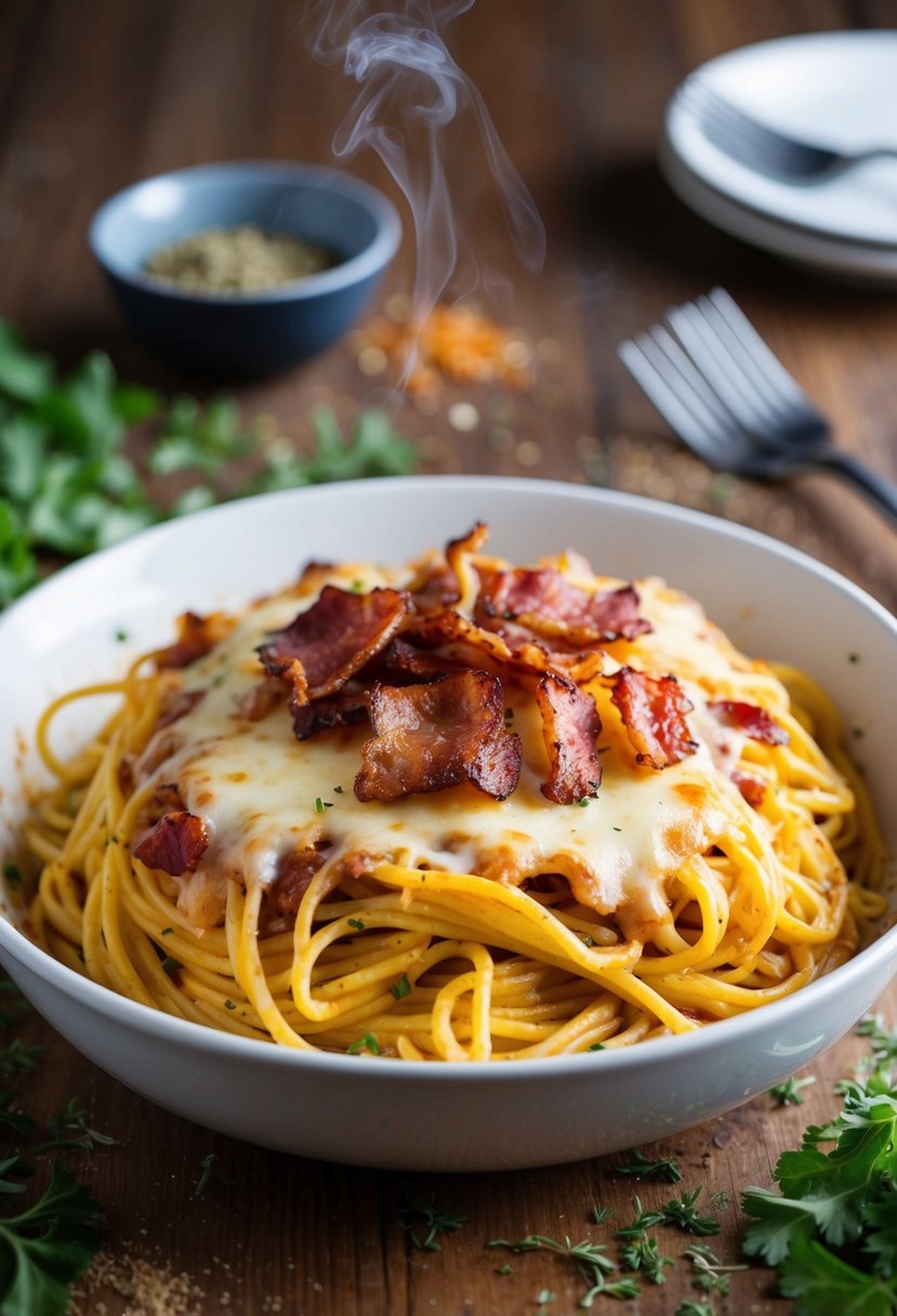 A steaming dish of baked spaghetti topped with crispy, smoky bacon and melted cheese, surrounded by scattered herbs and spices