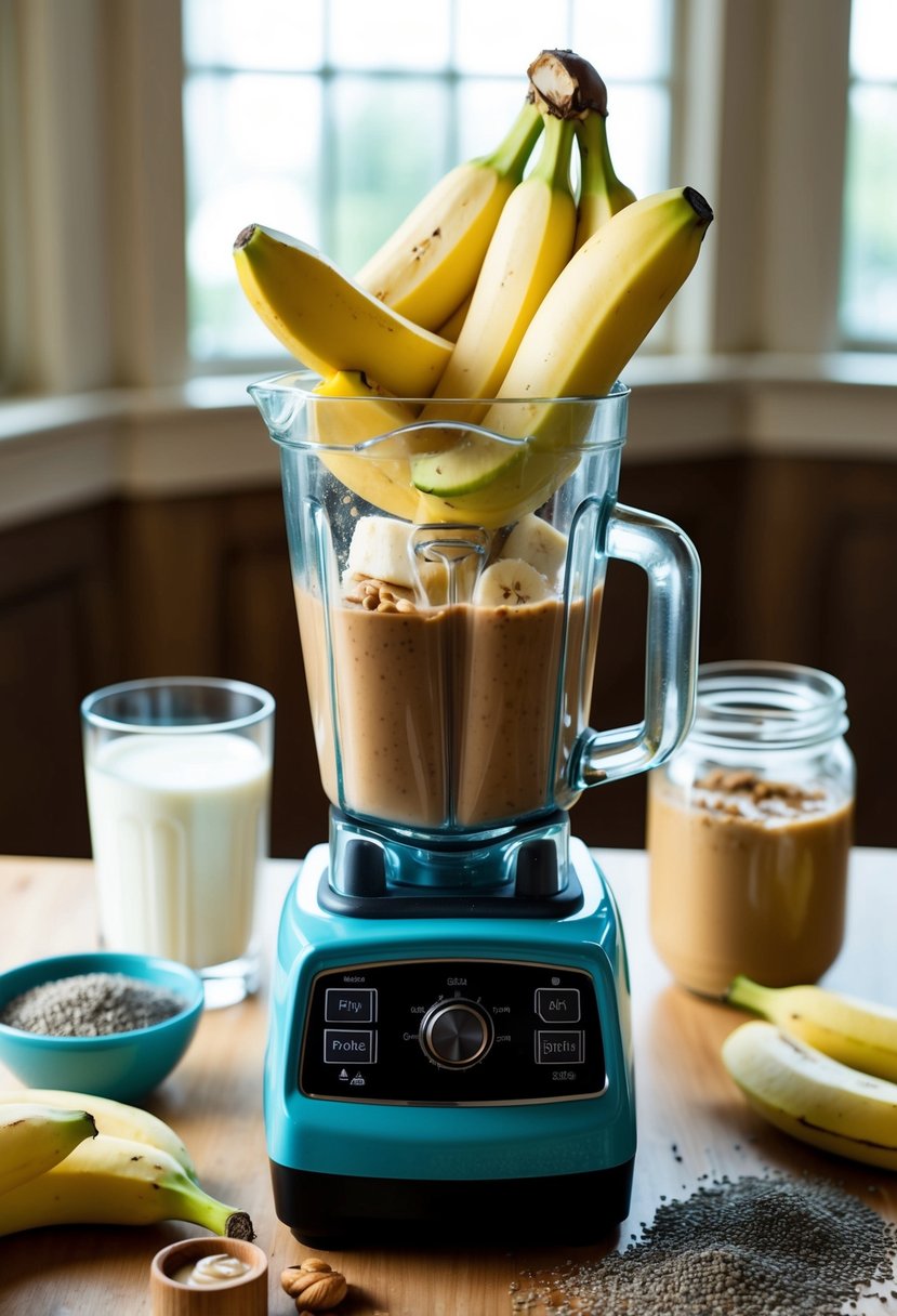 A blender filled with fresh bananas, a jar of peanut butter, and a splash of milk surrounded by scattered chia seeds and flaxseeds