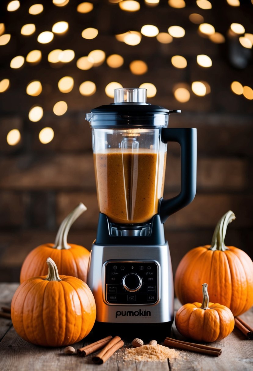 A blender surrounded by pumpkin, cinnamon sticks, and nutmeg