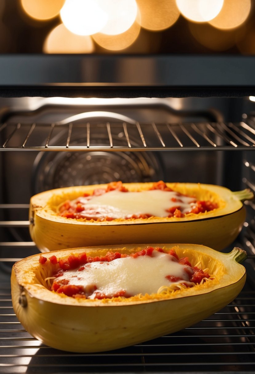 A spaghetti squash cut in half, with seeds removed, filled with tomato sauce and cheese, baking in the oven