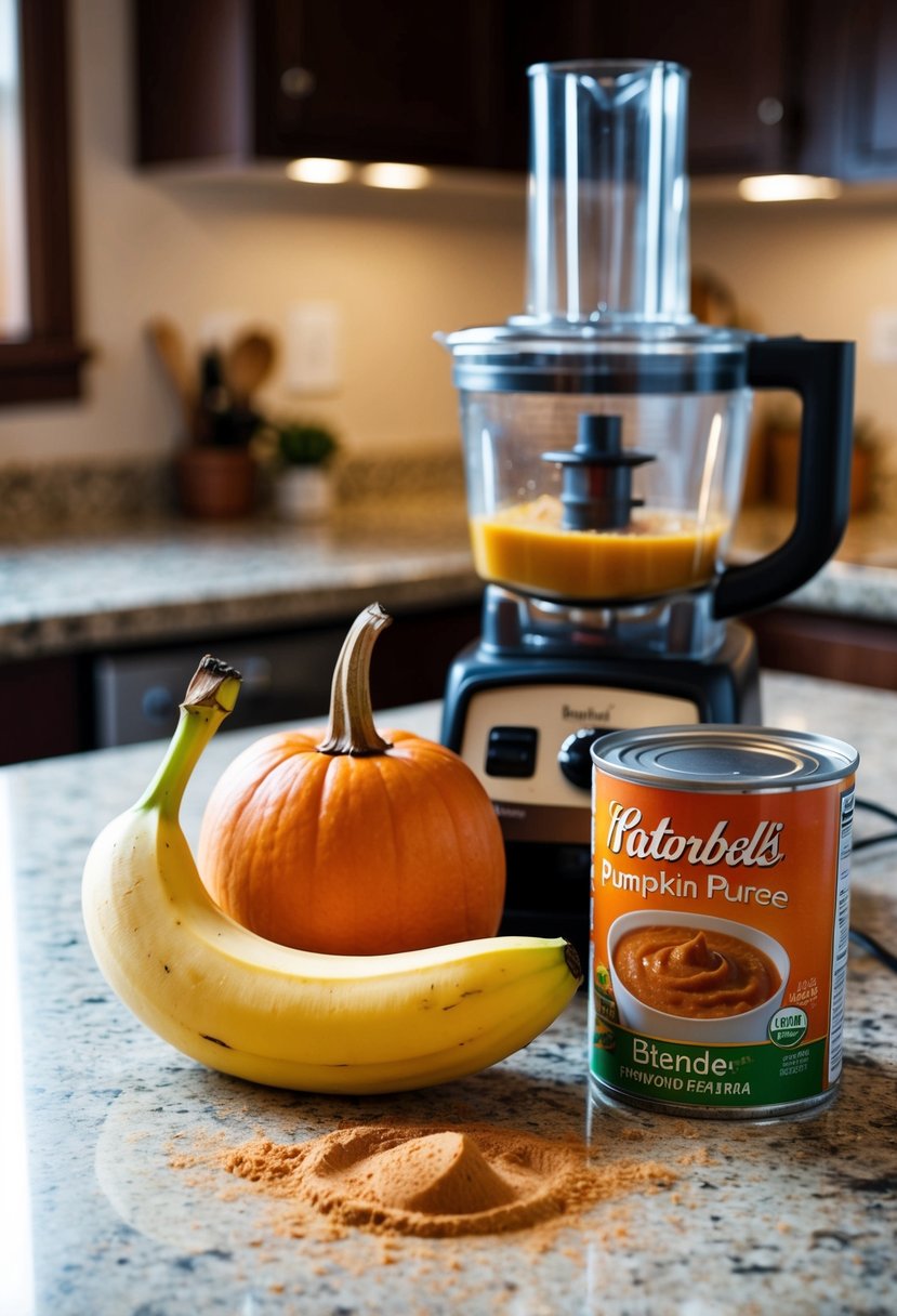 A ripe banana, a can of pumpkin puree, and a sprinkle of cinnamon sit on a countertop next to a blender