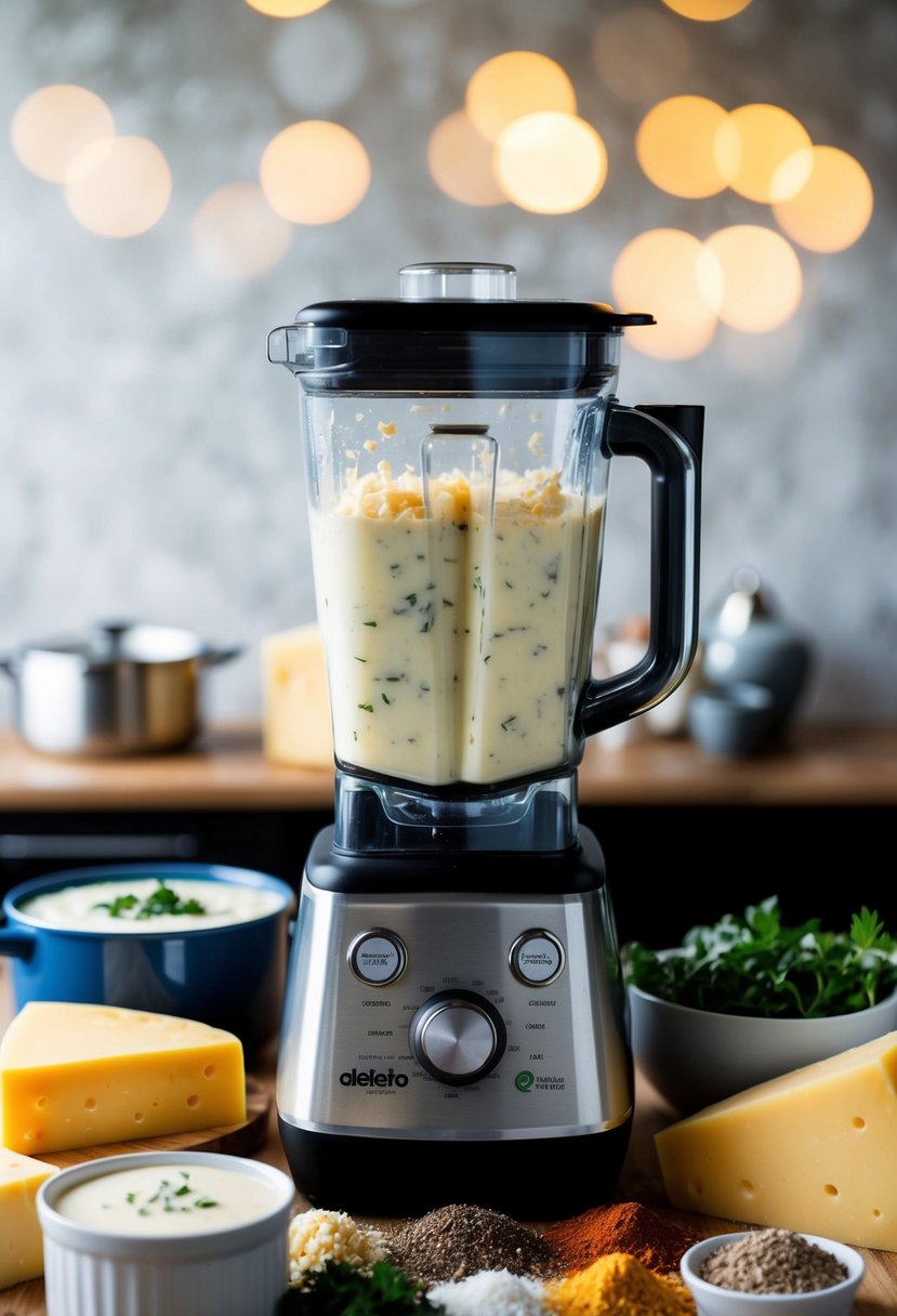 A blender surrounded by four types of cheese, a pot of Alfredo sauce, and a variety of herbs and spices