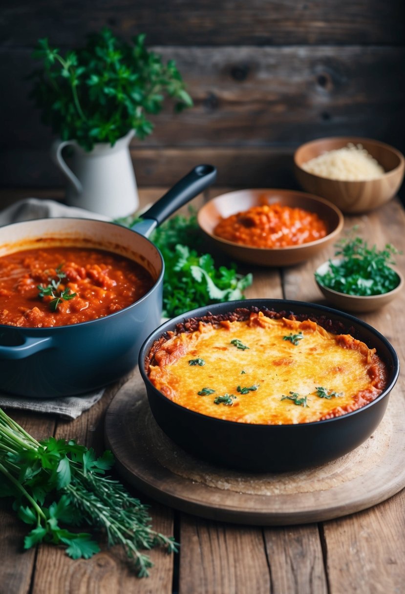 A rustic kitchen with a bubbling pot of tomato sauce, fresh herbs, and a golden baked spaghetti dish on a wooden table