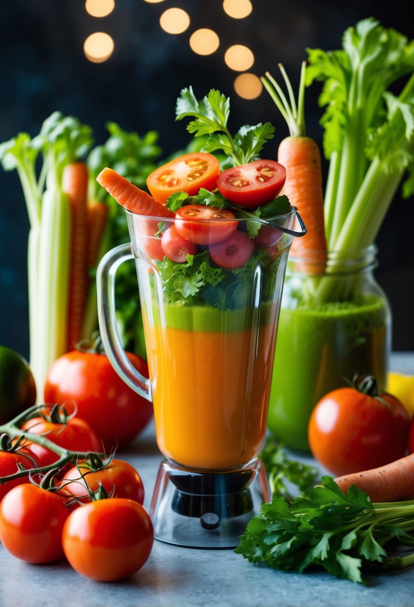 A colorful array of fresh tomatoes, carrots, celery, and other vegetables being blended together into a vibrant and healthy juice