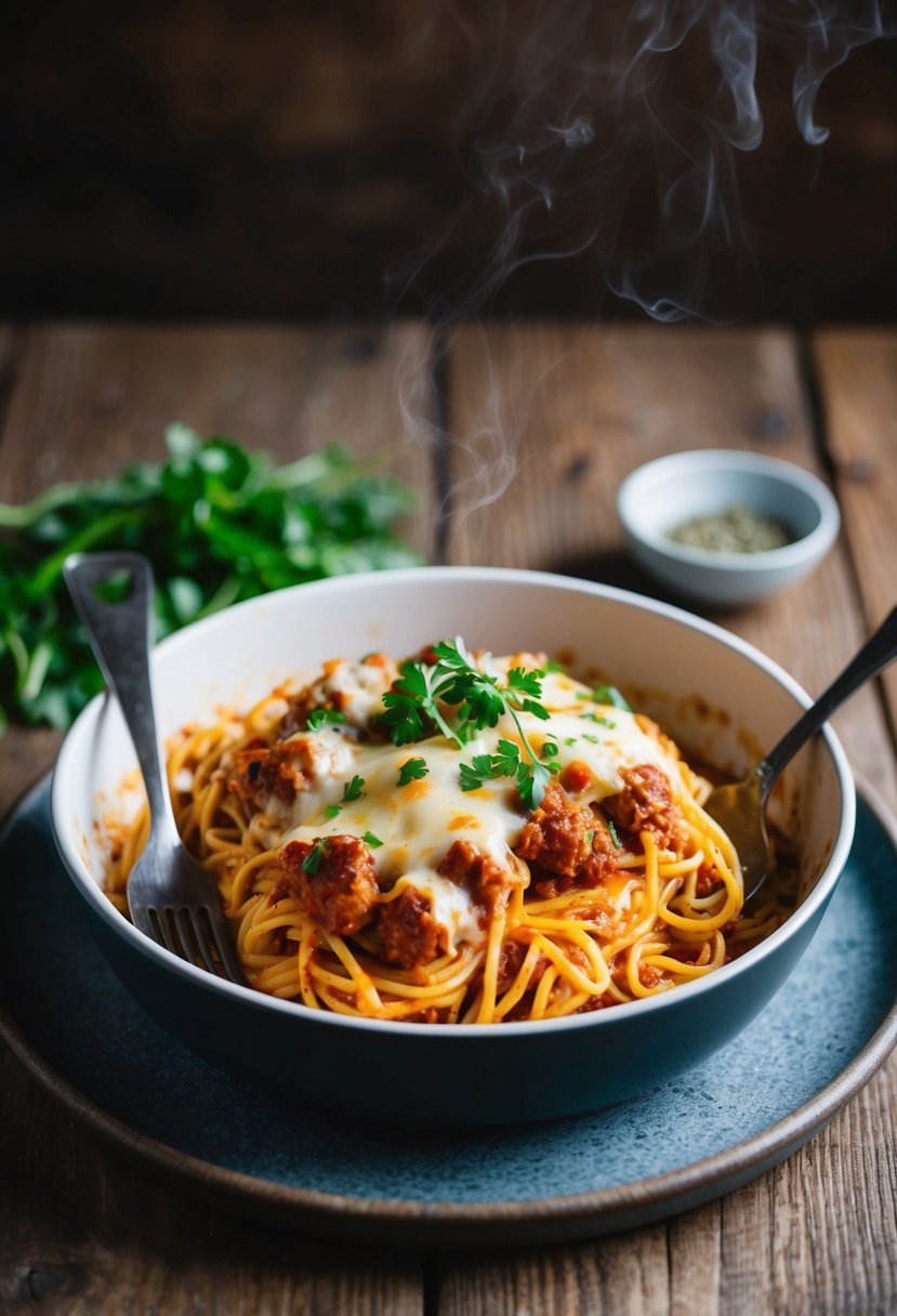 A steaming dish of spicy chorizo baked spaghetti, topped with melted cheese and fresh herbs, sits on a rustic wooden table