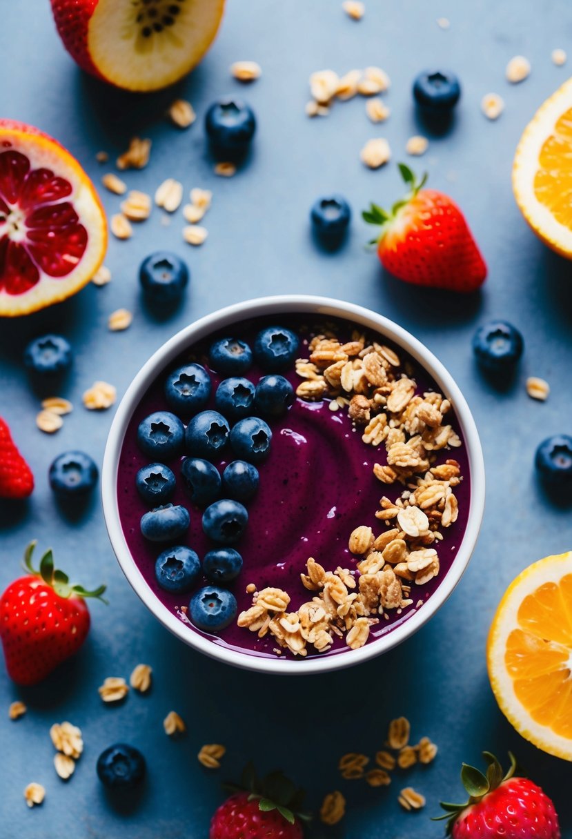 A vibrant blueberry smoothie bowl surrounded by fresh fruit and granola