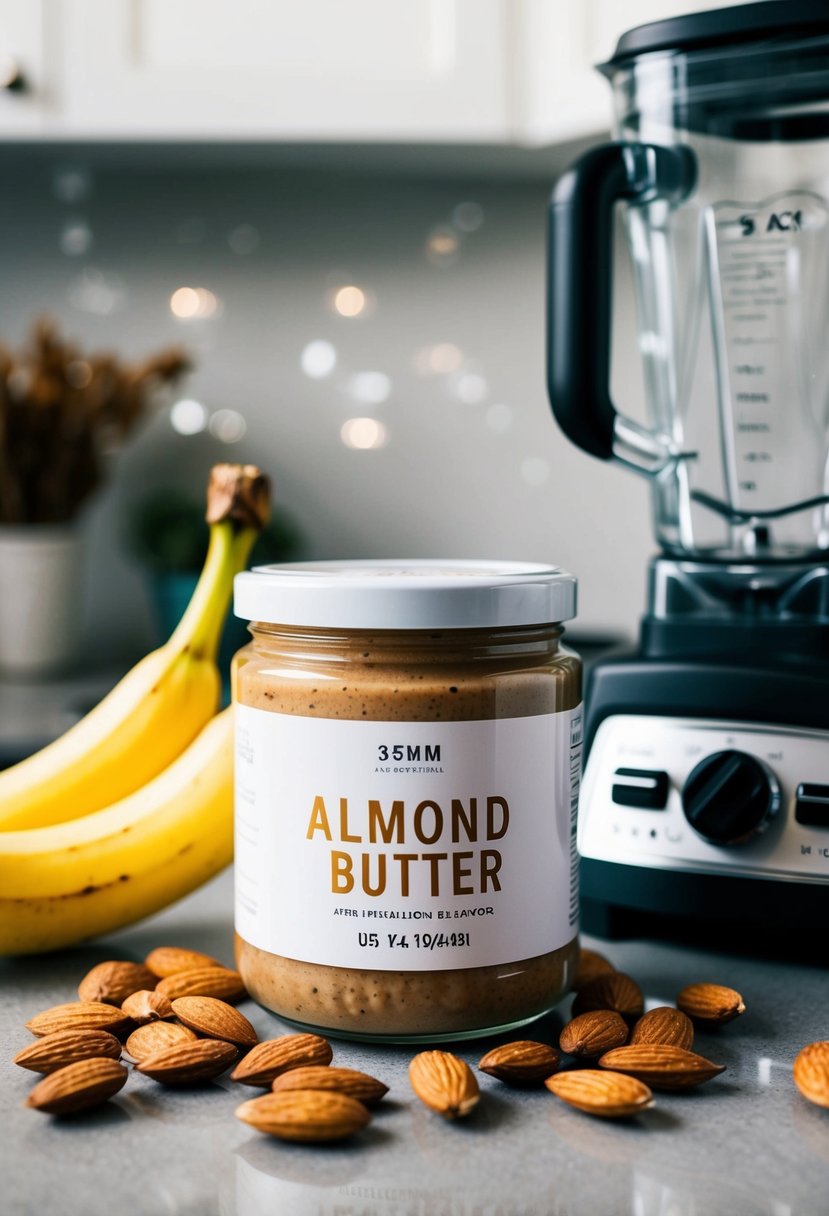 A jar of almond butter surrounded by fresh almonds, a ripe banana, and a blender on a kitchen counter