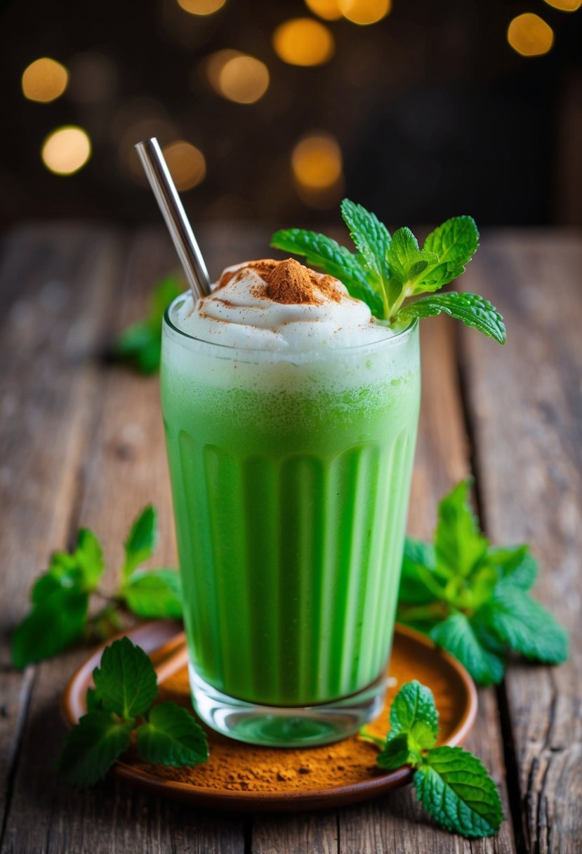 A glass filled with a vibrant green Shamrock Shake surrounded by fresh mint leaves and a sprinkle of cinnamon, all placed on a rustic wooden table