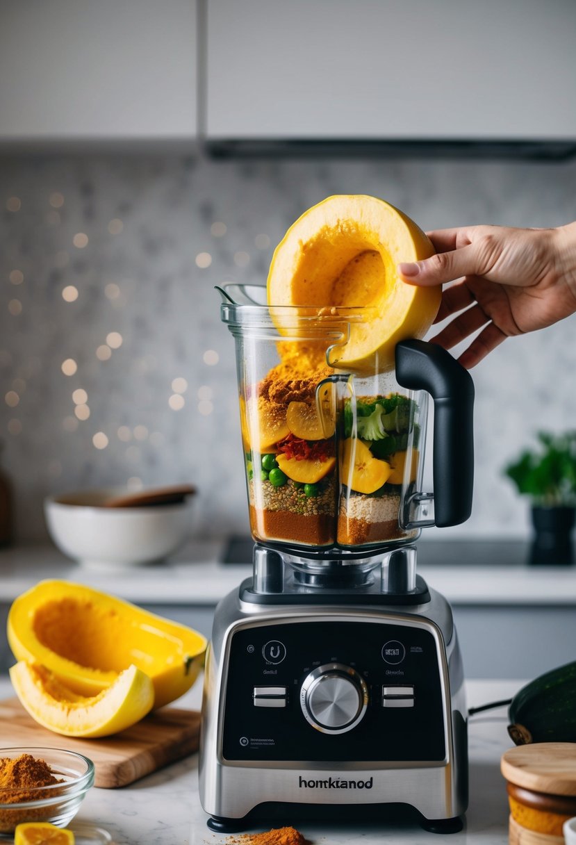 A vibrant yellow squash being sliced and blended with aromatic curry spices and other healthy ingredients in a modern blender